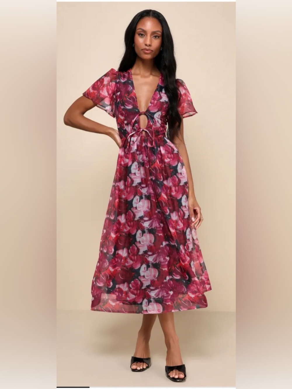 Lulus Favorite RSVP Magenta Floral Organza Tie-Front Midi Dress large